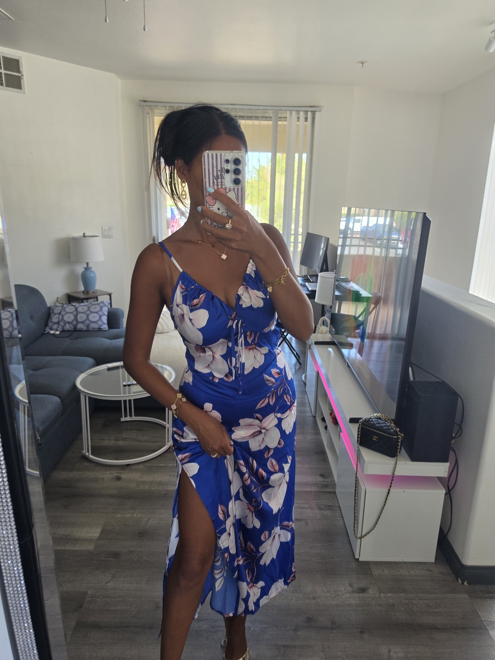 Floral Blue Satin Slip Dress with Spaghetti Straps